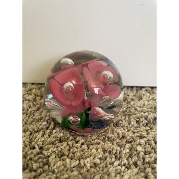 Vtg St. Clair Hand-Blown Art Glass Paperweight Pink Flower Multicolor STAMPED - Picture 3 of 5
